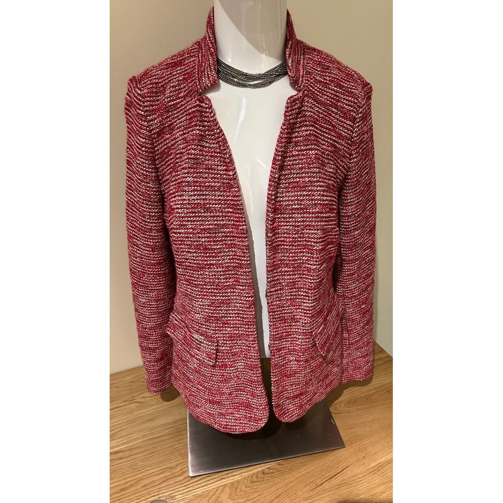 Classic Prep Talbots Red‎ White Tweed Stand Collar Front Open Blazer Jacket Sz 4
